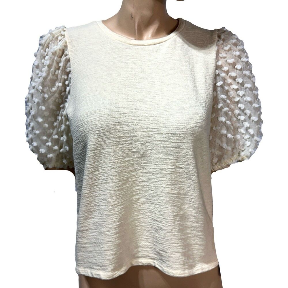 Anthropologie Maeve ivory puff sheer sleeve woven top Textured Size M Medium
